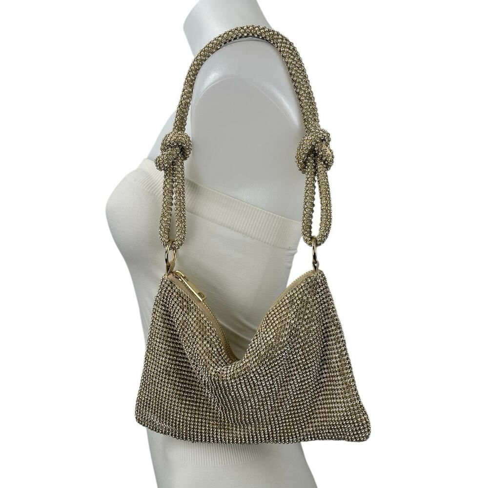 Gold Knotted Strap Rhinestone Beaded Sparkly Chic Evening Shoulder Handbag OS